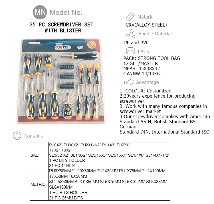 Home using private label 35 pc screwdriver setwith blister,magnetic torque screwdriver