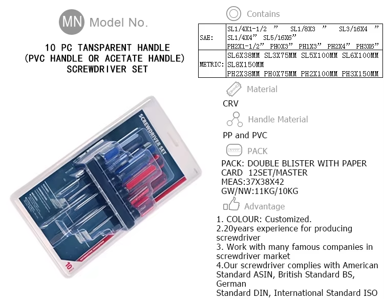 Stable Quality 10 PC Transparent Screwdriver Set,Factory Customized pp and Pvc Handle Material Screwdriver Set