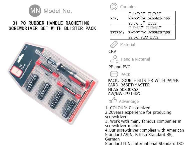 Bicycle Repairing Tool Set 31 Pc Rubber Handle Ratcheting Screwdriver Set With Blister Packs