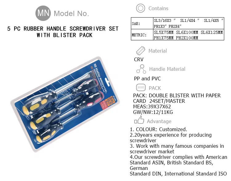 5 PC rubber handle screwdriver set with blister pack,crv 5 in 1 screwdriver,high quality custom color 5 in 1 tool screwdriver